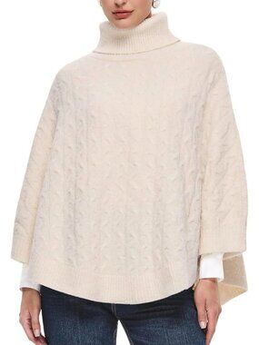 Puli Womens Chunky Knit Poncho Cape Beige Turtleneck Cozy Wrap